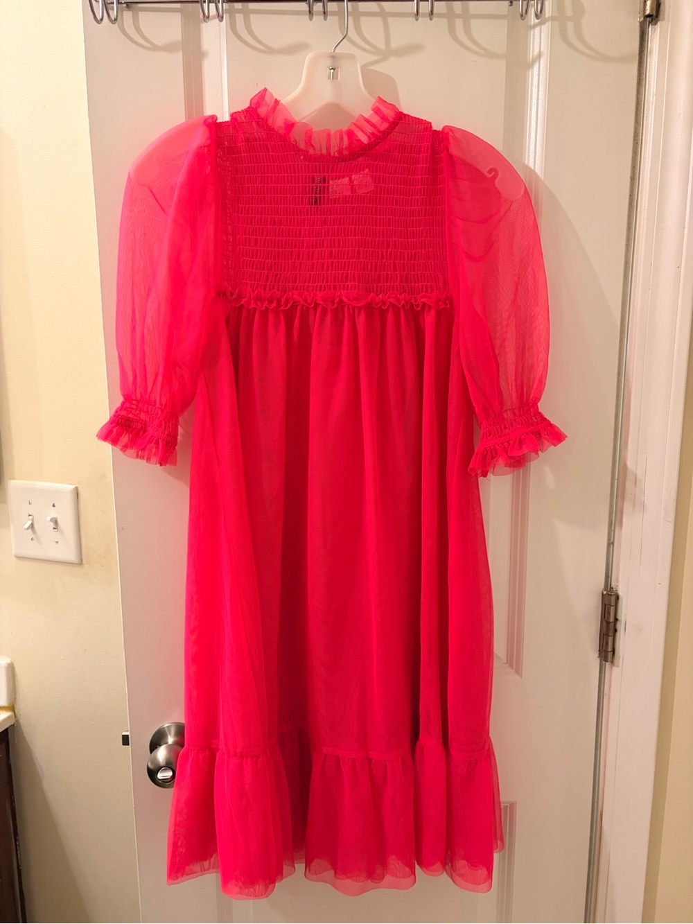 H&M Hot Pink Puff-Sleeve Smocked Midi Dress